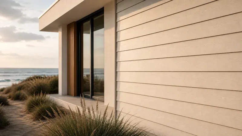 Freshly painted weatherboard cladding on a coastal home, ocean behind